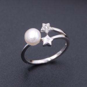 Personalized Silver Pearl Ring With Double Zircon Stars / Round White Pearl