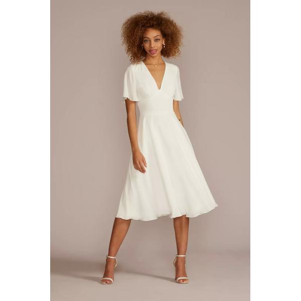 Timeless Zipper Flutter Short Sleeve Empire V-neck Open Keyhole Back A-line White Chiffon Midi-length Wedding Dress