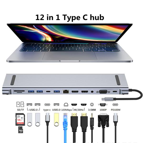12 In 1 USB-C Type-C Docking Station For Charging Data Transfer And Speaker Function