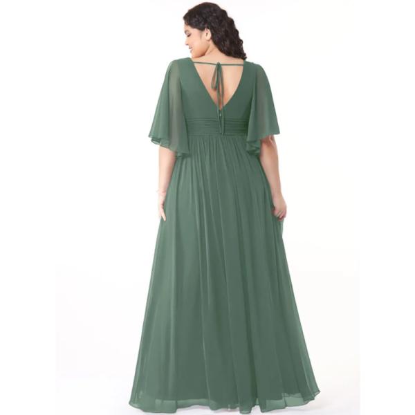 Elegant Wholesale Ruched Chiffon Long Bridesmaid Dress Short Cap Sleeves V-Neck Ruched Front Split Slit Floor-Length
