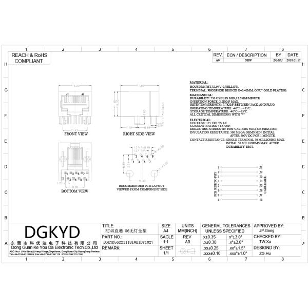 DGKYD56221118IWB1DY1027 Rectangle Single Port RJ45 Socket 15.2 *17.8* 11.7mm RJ45 Without Transformer