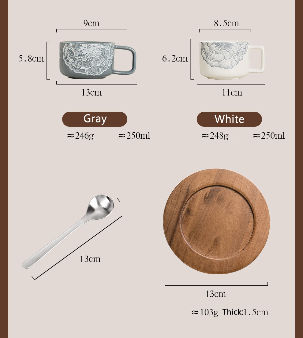 Floral Blue Ceramic Coffee Cup And Wooden Saucer Porcelain Kaffeetasse With Wood