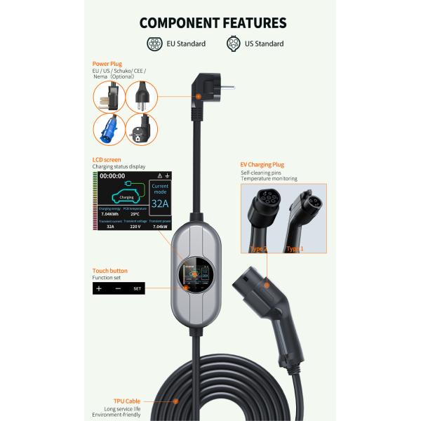 AC 250V Type 1 Charging Station For Electric Car EV Charger With LCD Screen IP65 Protection