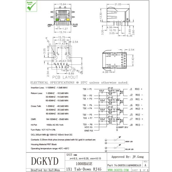Gigabit rj45 connector female 1000Mb Ethernet jack with magnetics Y/G LED