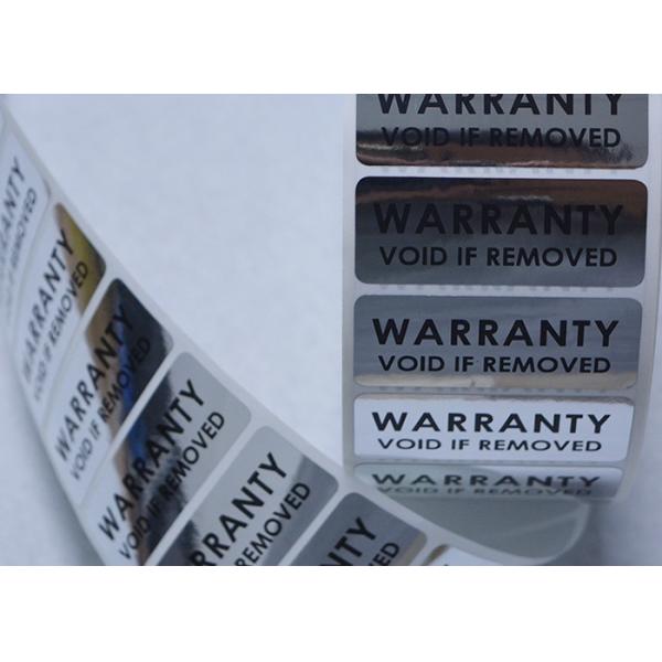 Glossy silver warranty VOID label with high residue VOID text for tampered