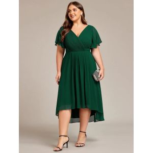 Empire Plus Size V-neck High-low A-line Short Sleeve Ruffled Dark Green Chiffon