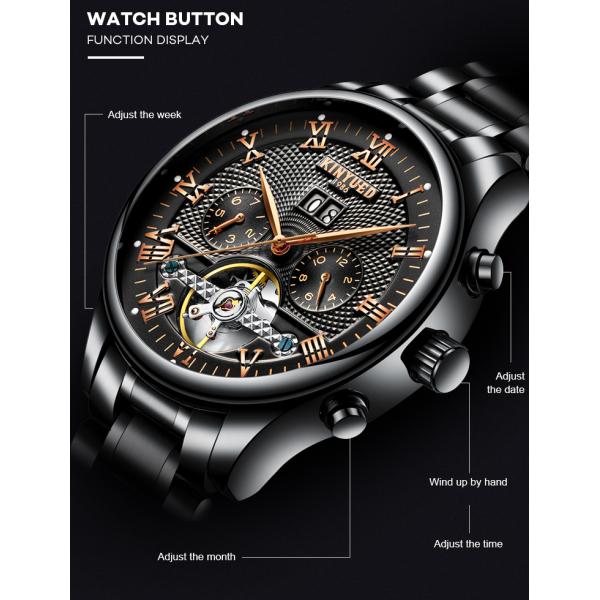 Fashion Stainless Steel Tourbillon Movement Mens Watch Waterproof KINYUED Automatic Mechanical Watches