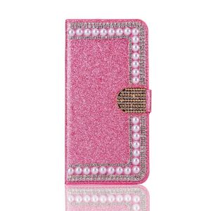 High Quality Pearl Design Diamond Stand Bling Crystal Leather Wallet Phone Case