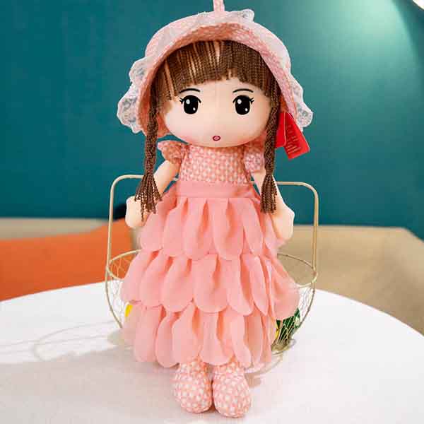 Cute Purple Dress And White And Pink Skirts Plush Rag Doll With Cap 12 Inches