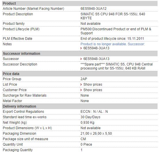 6ES5948-3UA12 6ES5 948-3UA12 Siemens Central Processing Unit