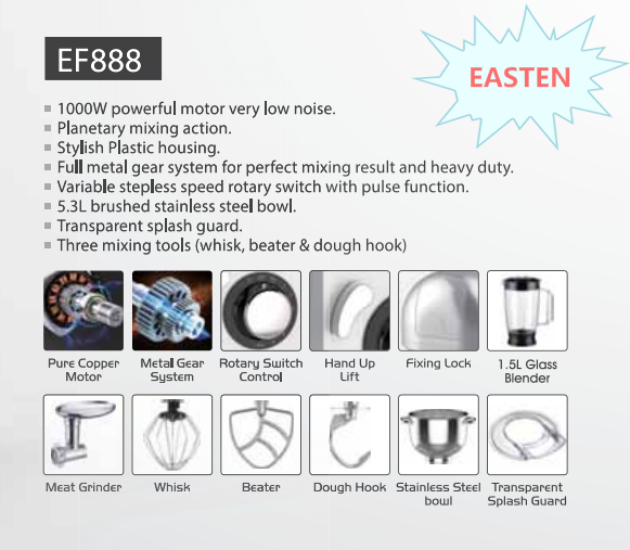 Easten Kitchen Plastic Stand Food Mixer EF888/ 1000W Electric Dough Cake Stand Mixer With Meat Grinder