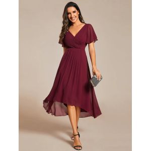 Chic V-neck High-low Short Flutter Sleeves A-line Ruffles Midi Invisible Zipper