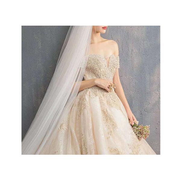 Champagne Off Shoulder Long Tail Bridal Gown Generous Lace Beading Custom Size