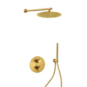 Quality Concealed in wall thermostaic temperature rainshowe handshower mixer brushed golden brass faucet OEM round classical for sale