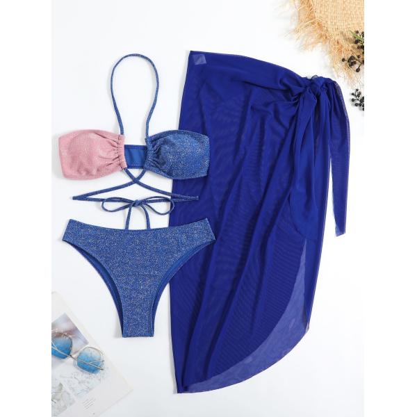 Buy S-Xl Size Wire Free Bikini Style New Style Three Pieces Swimwear For Swimming Blue Color Comfortable In Stock at wholesale prices