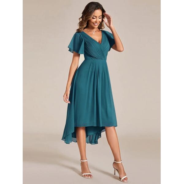 Chic V-neck High-low Short Flutter Sleeves A-line Ruffles Midi Invisible Zipper Teal Chiffon Wedding Bridesmaid Dress