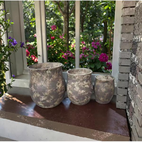 Vintage Round Fiber Clay Flower Pots Hand Crafted Aged For Garden Patio Decoration