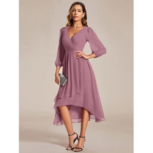 Ruffled A-line Long Sleeve V-neck High-low Wedding Guest Purple Orchid Chiffon Bridesmaid Dress