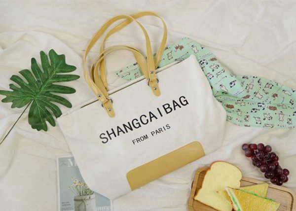 Canvas Leather Splicing Eco Friendly Tote Bag Three Dimensional Feeling For Women