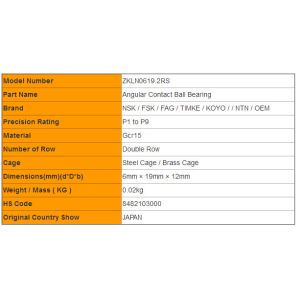 ZKLN0619.2RS Double Direction Angular Contact Thrust Ball Bearings