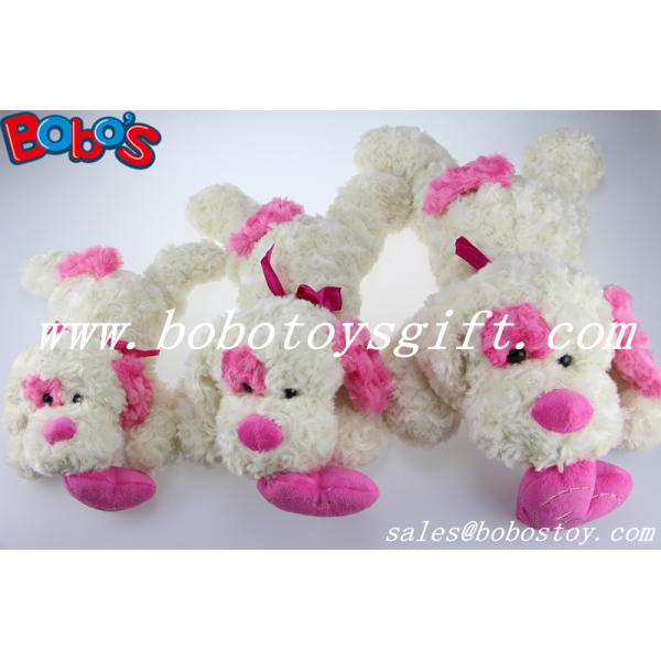 China Factory Made Plush White Lying Baby Dog Toy With Pink Heart Pillow