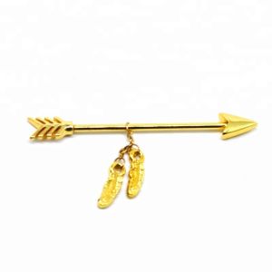 Gold plated arrow industrial piercing bars with feather dangle