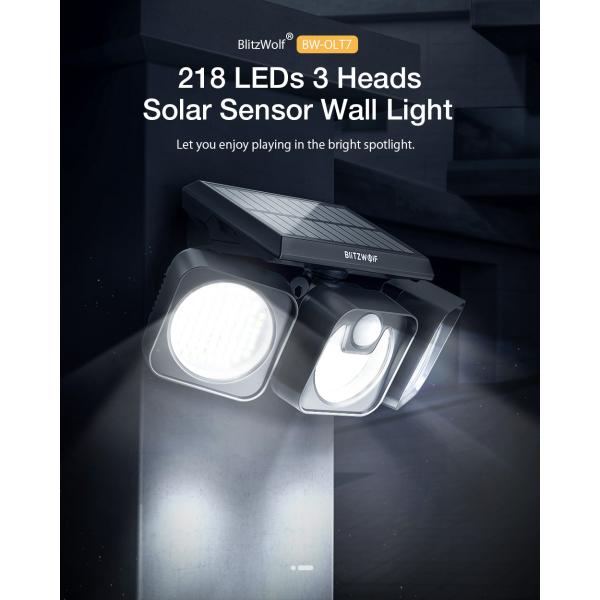 218LED 3 Heads 650lm Solar Power LED Lamp 1.3W IP64 Waterproof Wall Light