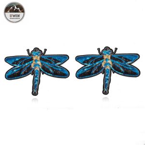 3D Fashionable Embroidered Bird Patches , Handmade Blue Dragonfly Iron On