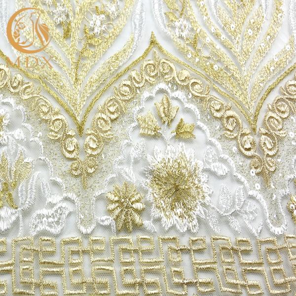 Free Sample Gold Sequin Lace Fabric Beautiful Embroidered Eco Friendly