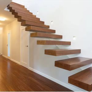 Modern Design Customized Floating Wooden Staircase with Safety Glass Railing