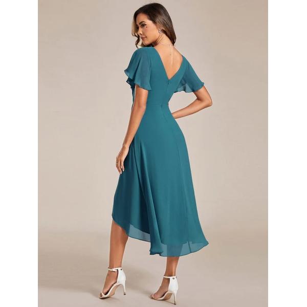 Chic V-neck High-low Short Flutter Sleeves A-line Ruffles Midi Invisible Zipper Teal Chiffon Wedding Bridesmaid Dress
