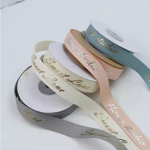 Buy Customized Grey Shiny 3D Foil Printing Polyester Grosgrain Ribbon for Gift Packaging at wholesale prices