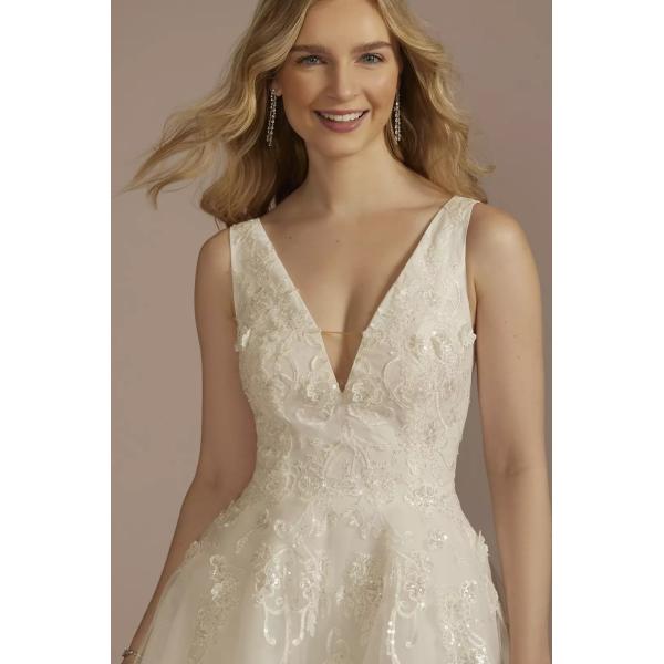 Flirty A-line Plus Size Tea-length Plunging Neckline Tank Straps Appliqued Lace Zipper White Organza Midi Wedding Dress