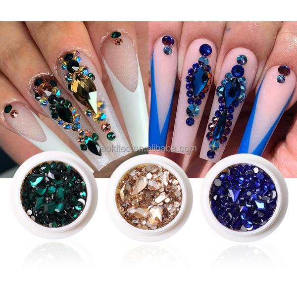 Aokitec drop shipping bulk box packing size shaped mixed neon 3d glass ab crystal flatback nail rhinestones