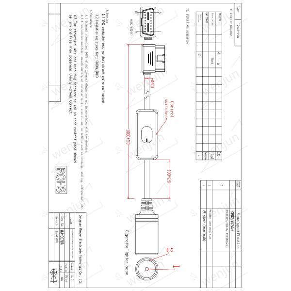 16 Pin Black OBD2 Extension Cable With Switch Male To Cigarette Lighter Female