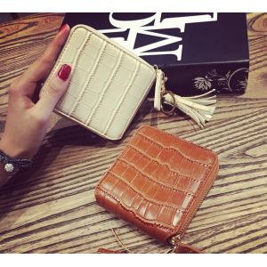 Square wallet crocodile pattern cowhide tassel short paragraph two fold