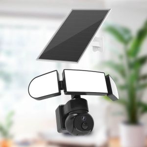 2K Solar Yard Flood Light Camera Pan Tilt 0.00001LUX Color Night Vision