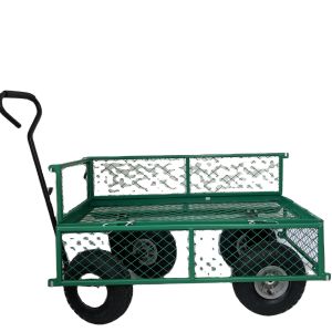 China Four-wheel Green Trailer Cart Heavy Duty Metal Gardening Trolley on sale