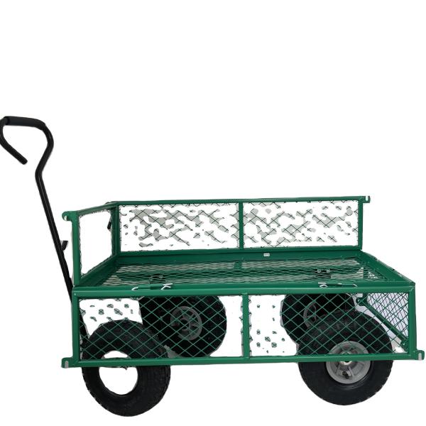 Buy Four-wheel Green Trailer Cart Heavy Duty Metal Gardening Trolley at wholesale prices