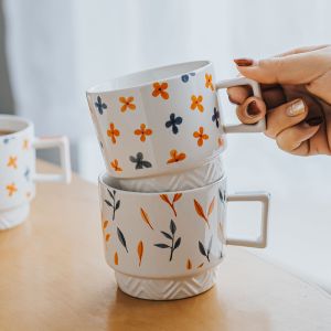 Decal Pattern Ceramic Coffee Mug Cup Set Stackable And Stylish For Any Occasion