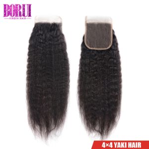 4*4 Closure Brazilian Virgin Human Hair Yaki Kinky Straight Human Hair Weft