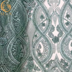 Blue Tulle Beaded 3D Embroidery Fabric Sequined Lace 1 Yard