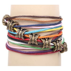 Multi string cord layering charm cuff bracelets, multi color leather cuff