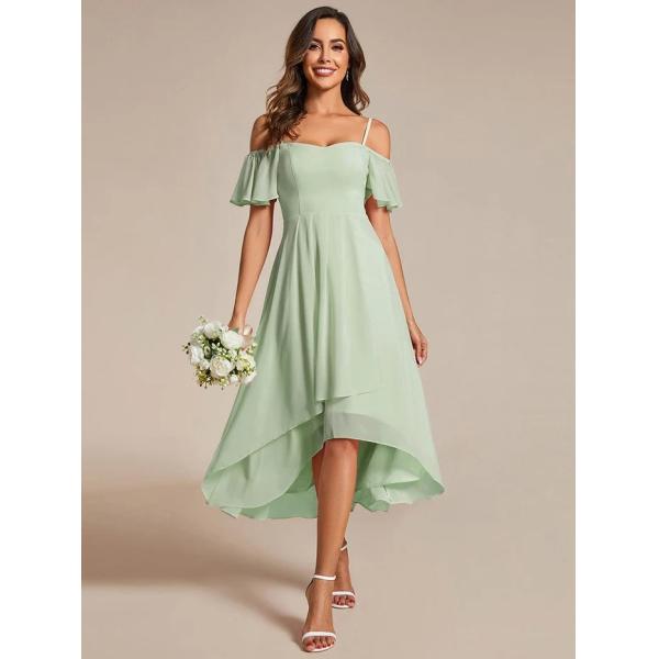 Empire Off-shoulder Spaghetti Strap Zipper High-low Wedding Guest Dresses Short Sleeves Pink Chiffon Bridesmaid Dress