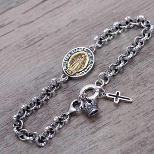 Women Men Sterling Silver Tag Cross Crown Charm Link Bracelet(058417)