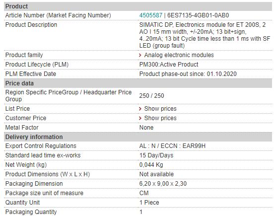 6ES7135-4GB01-0AB0 6ES7 135-4GB01-0AB0 Siemens Analog Output Module