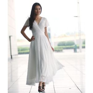 Red Women Banding Maxi Ankle Maxi Dress , Custom Chiffon V-neckline