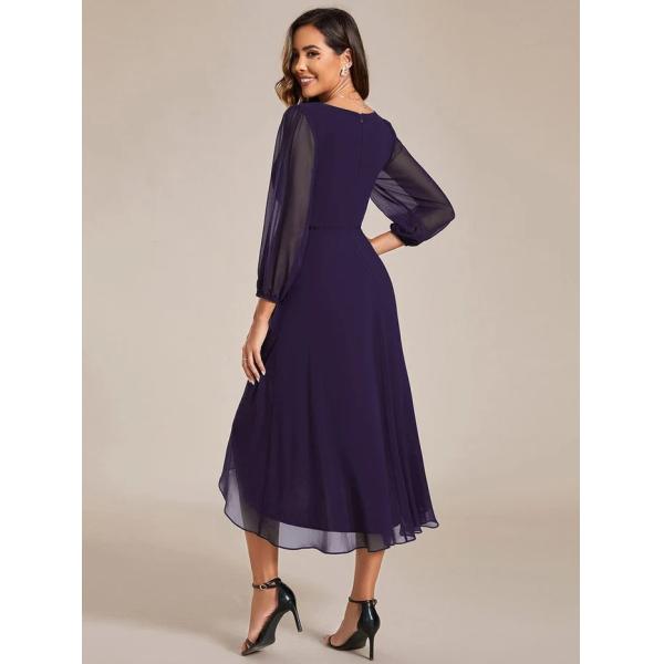 Elegant Empire Long Sleeve V-neck High Low A-line Ruffled Midi Dark Purple Chiffon Wedding Guest Cocktail Dress