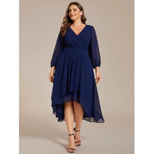 Elegant Empire Long Sleeve V-neck High Low A-line Ruffled Midi Navy Blue Chiffon Wedding Guest Evening Dress