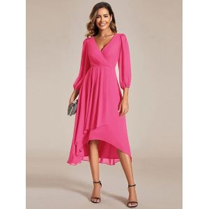 Elegant Empire Long Sleeve V-neck High Low A-line Ruffled Midi Hot Pink Chiffon